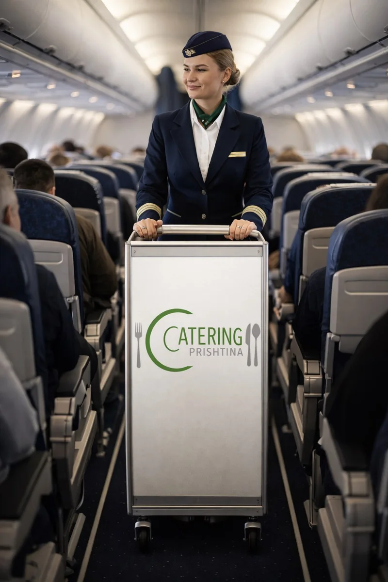 Cabin crew member serving with a Catering Prishtina trolley inside an aircraft